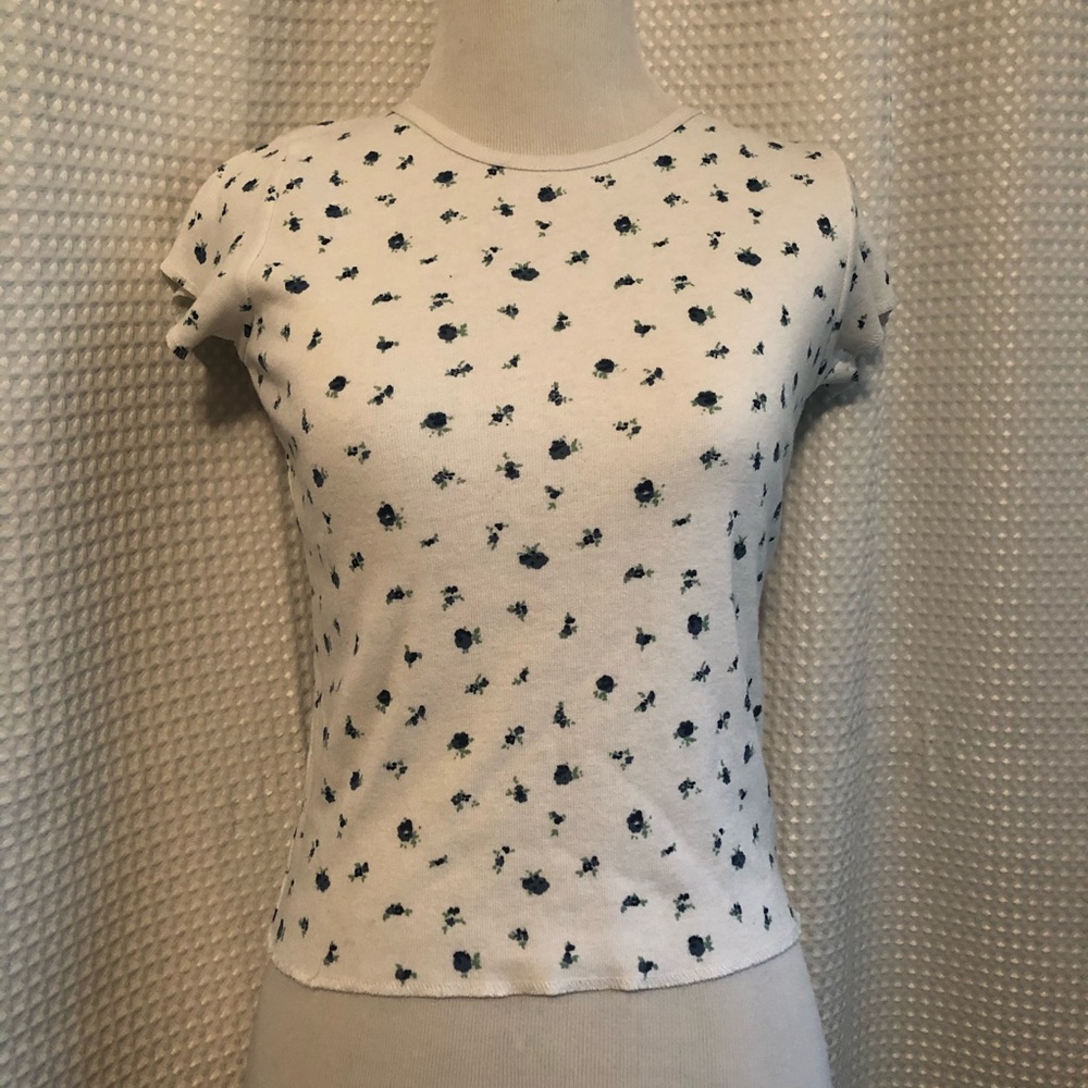 White Baby Tee With Blue Flowers